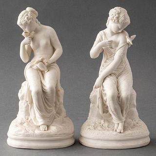 French Bisque Porcelain Figures of Maidens & Doves