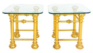 Glass Topped 19th C Brass End Tables, Pair