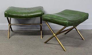 Pair of Brass X Base Leather Upholstered Benches.