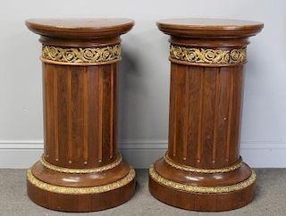 Pair of Column Form Wood Pedestals with Bronze