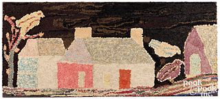 Hooked rug with house and birds, ca. 1900