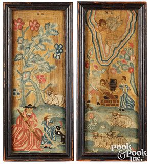 Pair of early English needlework panels, ca. 1700