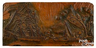Carved maple panel with American ships, ca. 1900