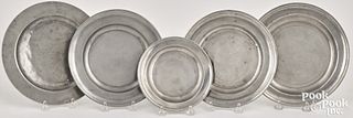 Five Philadelphia pewter plates, 18th/19th c.