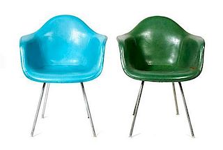 Two Charles and Ray Eames Upholstered Shell Armchairs, for Herman Miller, Height 31 x width 25 x depth 23 inches.