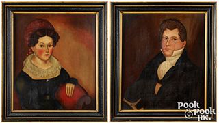 Pair of American oil on panel folk portraits