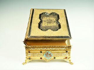 Tschiffely Family Bible ? Published in 1870Lectern holder Bible church bronze gilt enamel evangelists flowers XIXth
