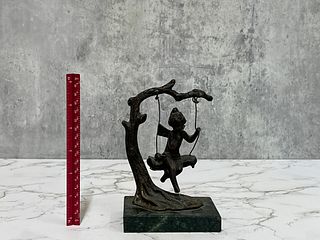 After Auguste Moreau Signed Bronze Statue Fairy on Swing with Marble Base