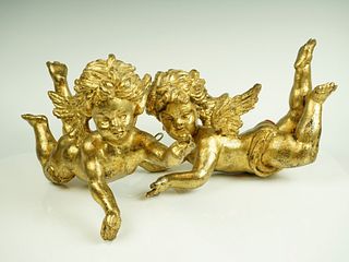 Pair of Antique 18th Century Hand-Carved Gold Leaf Wood Cherubs