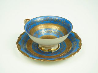 Heavy Gold Rose Center with Blue Tea Cup and Saucer Set