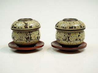 Buncheong Lidded Tea Bowls with Inlaid Peony Design