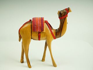 Carved Wood Camel with Red Saddle