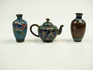Two Japanese cloisonne vases and a Small Teapot with cover, 19th Century