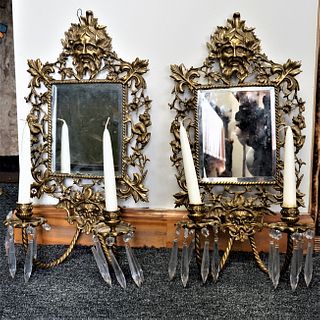Antique Neoclassical French Brass Wall Mirror with Candle Sconces