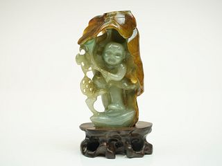 Green and Yellow Jadeite Carving of Child with Lotus