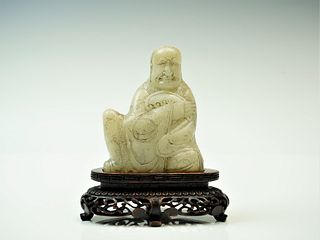 CHINESE SHOUSHAN STONE FIGURE OF ARHAT W/WOOD STAND