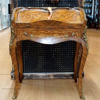 19th-20th Century Louis XV Style Bombe French Marquetry Inlaid Desk