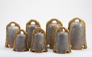LOT OF 7 CHINESE AGATE W GOLD OVERLAY BELL-LIAO DYNASTY