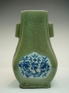 A Chinese Celadon Glazed BW 'Bat and Peach Hu Vase