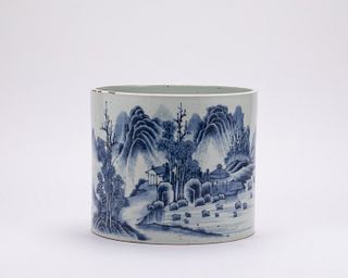A blue and white 'landscape' brushpot