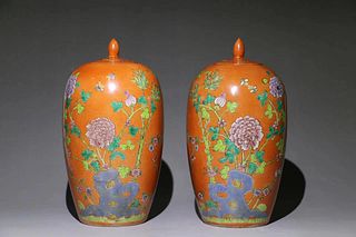  Pair of Famille Rose Persimmon Porcelain Ginger Jars
