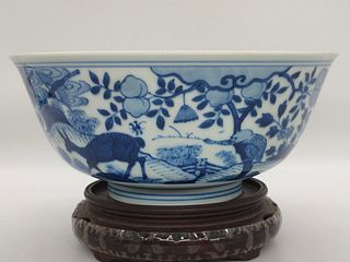 Qing Kangxi Blue and White "Pine, Crane and Longevity" Bowl