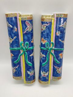 A Pair of Famille Rose "Book Scroll" Wall Vases - Republic Period