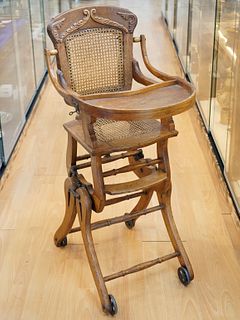 19th Century English Victorian Carved Walnut High Chair Rocker