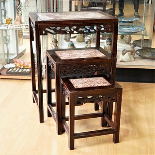 Set of 3 carved Oriental style nesting tables(1970s)