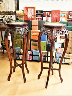 A Pair of Marble Inlaid Carved Mahogany Tall Pedestal Table