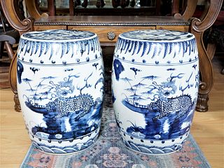  A Pair of Blue and White Kylin Garden Stools