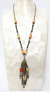 North African Metal Fish & Faux Coral Pendant