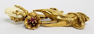Vintage 14K Gold, Ruby, & Bone Hand-Form Brooch