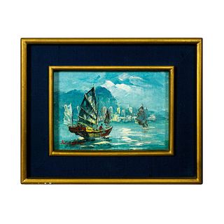 Kenny Tam Signed Oil Painting on Board, Chinese Junk Boats