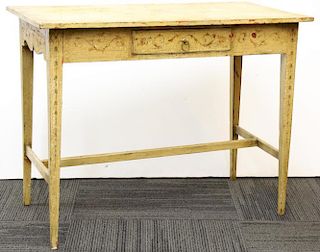 Vintage Yellow- & Floral-Painted One-Drawer Table