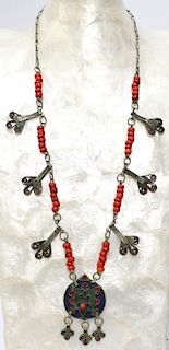 Berber Enameled Pendant on Faux Coral Necklace