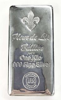 Fleur De Lis Poured .999 Silver Proof Kilo Bar (1-bar)