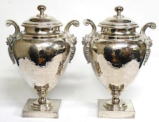 Pair of Large Silvered Metal Covered Urns