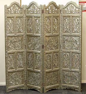 Indian Carved Wood & German Silver-Covered Screen