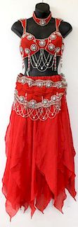 Hand-Sewn Red & Rhinestone Belly Dance Costume