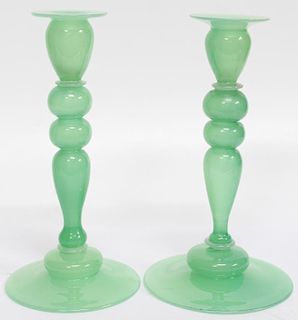 Pair of Green Art Glass Candlesticks