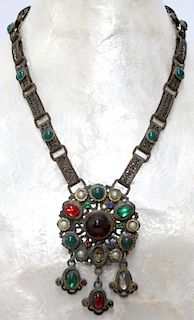 Tribal Faux-Jewel Openwork Metal Medallion & Chain