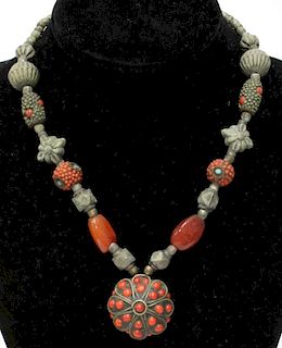 Tribal Faux Coral & Silver-Tone Metalwork Necklace