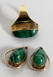 Vintage Woman's 9K & Malachite Ring & Earrings