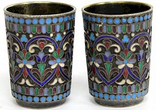 Pair of Tsarist Russian Enameled Silver Vodka Cups