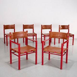 Asko, (6) red stained, leather dining chairs