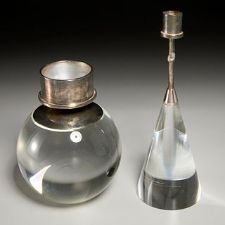 Pair Post Modern crystal, silverplate candlesticks