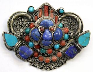 Tibetan Sterling, Coral, Lapis, & Turquoise Brooch