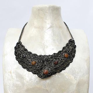 North African Metal & Semiprecious Stone Necklace