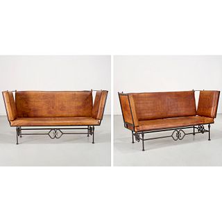 Pair Art Deco leather & wrought iron sofas